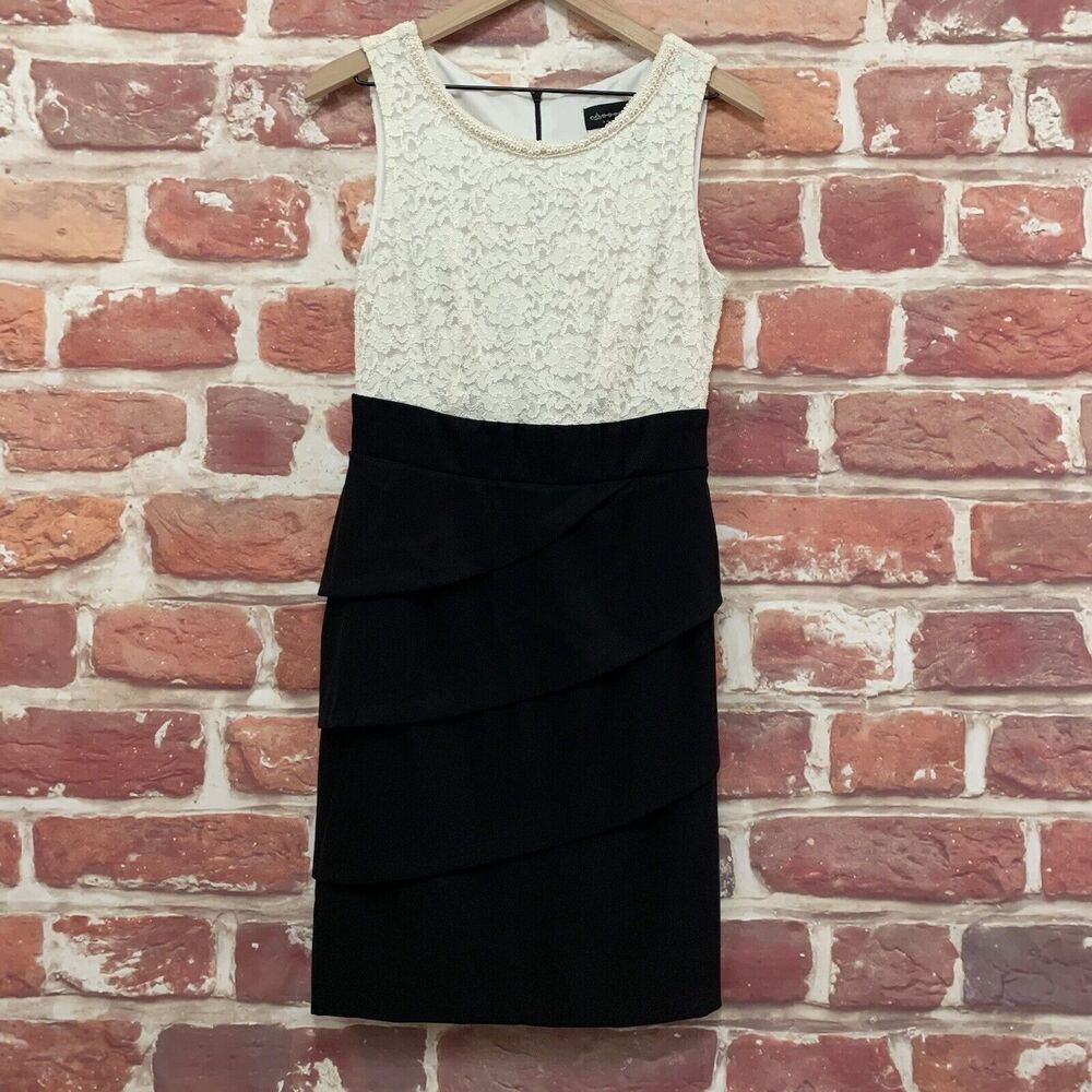 Connected Apparel Dress Women's Size 10 White Black Lace Faux Pearl Accent Neck